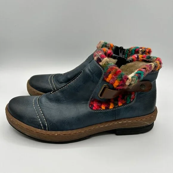 Rieker Boots 41 US 9.5 Blue Leather Felicitas Ankle Booties Sherpa Lined - Picture 2 of 12